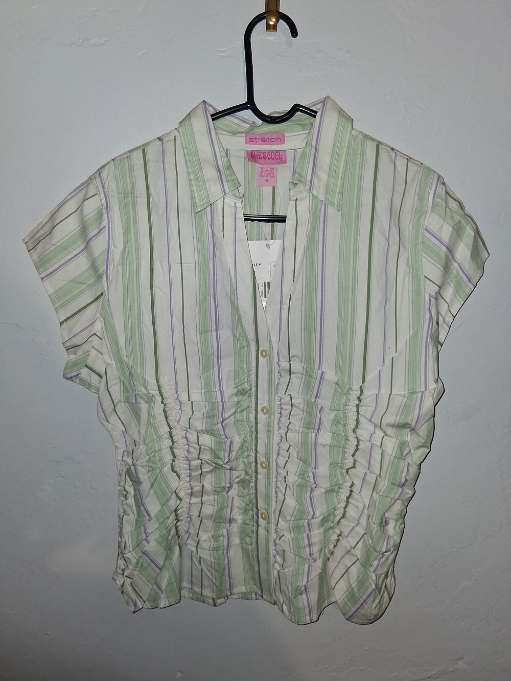 She's Cool White, Green & Light Purple Striped Button-Front Top